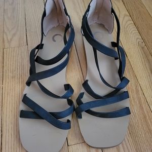JOURNEE COLLECTION size 11 Black Side Elastic Strappy Lanza Square Toe Wedge Zip